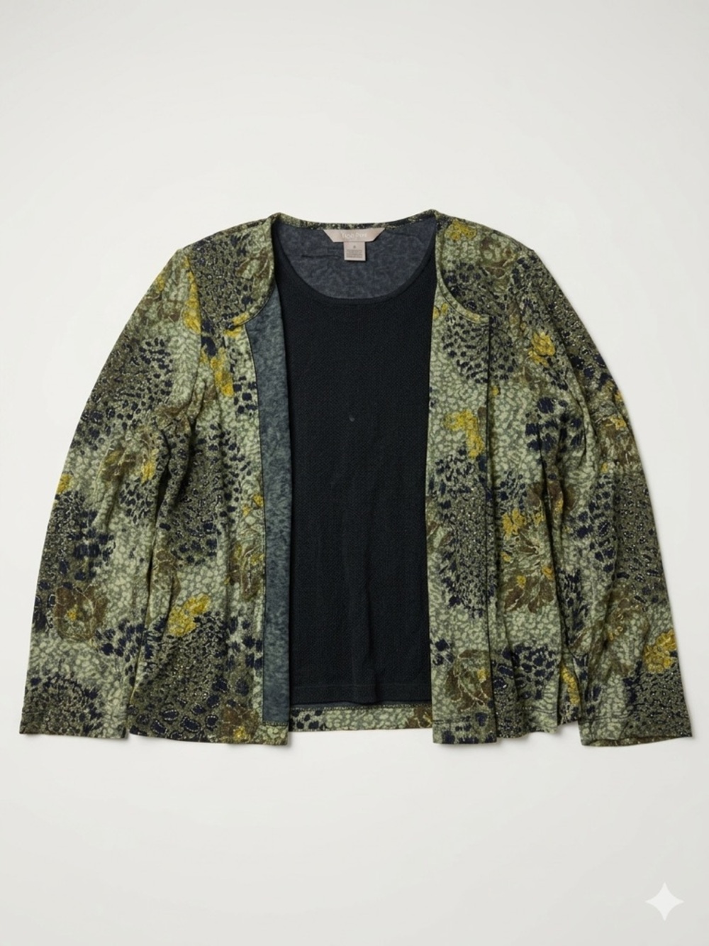 TanJay Petites 2-Piece Set Green Animal Floral Open Front Cardigan & Tank PM